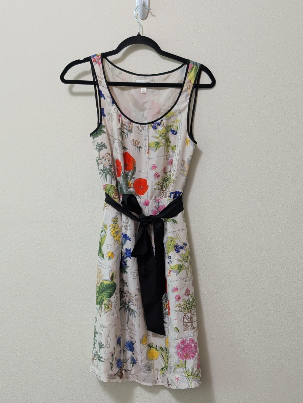 Anthropologie Cream Floral Scoop-Neck Mini Dress with Black Sash
